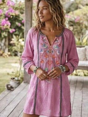 Calessa Women's Large Pink Embroidered Jewel Notch Neck Long Sleeve Tunic